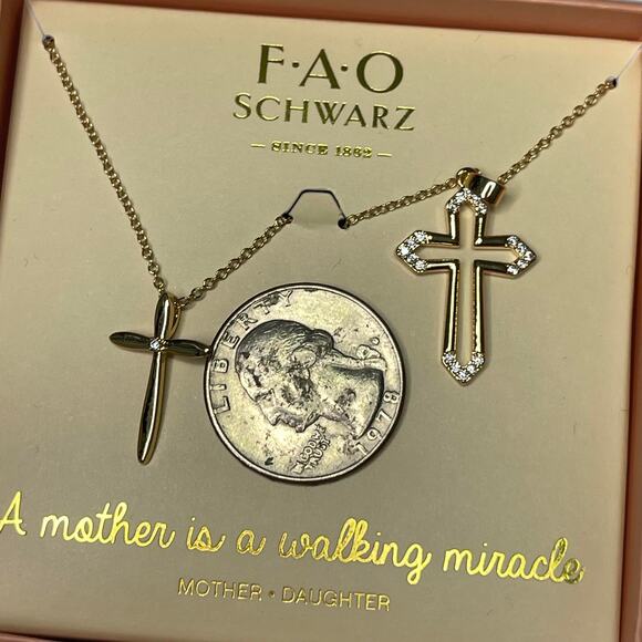 FAO Schwartz set of two necklaces gold tone daughter mother cross pendant jewelr - Picture 6 of 15